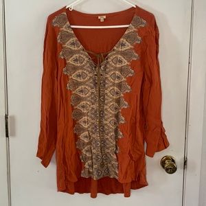Reba rust tunic with faux suede lace up front and paisley-style print Size 2X